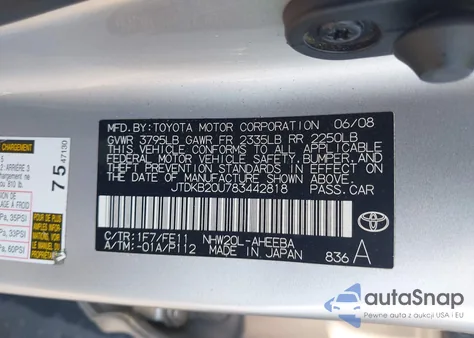 2008 Toyota Prius from USA, damaged, VIN JTDKB20U783442818